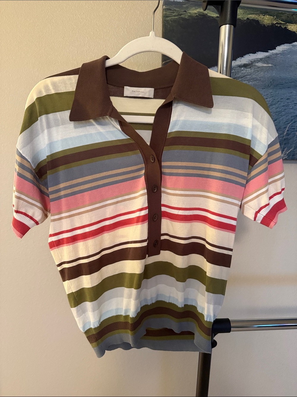 FAITHFULL Sable Striped Short-Sleeve Polo Top in Brown Multi